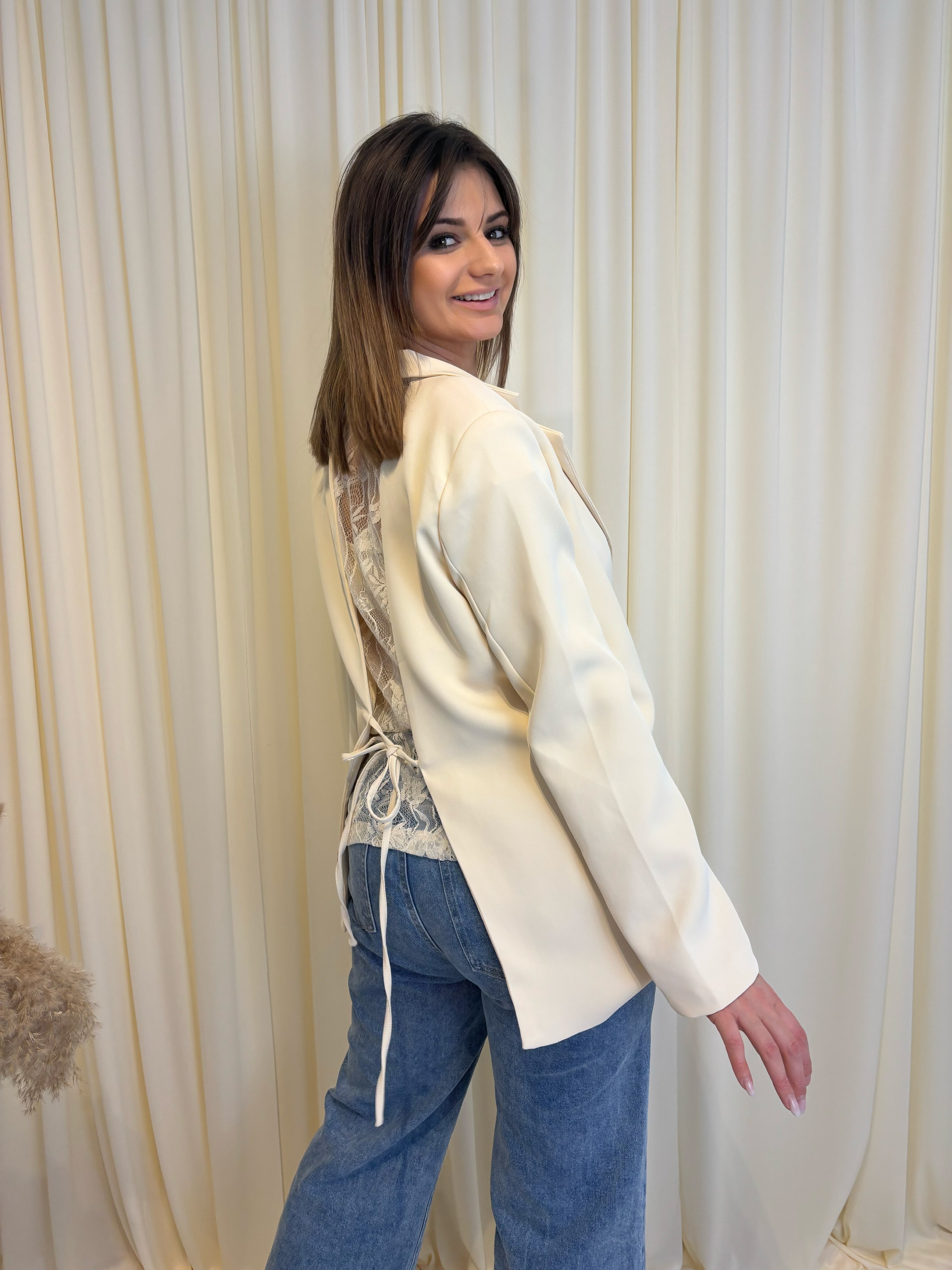 Beige Blazer jas kant