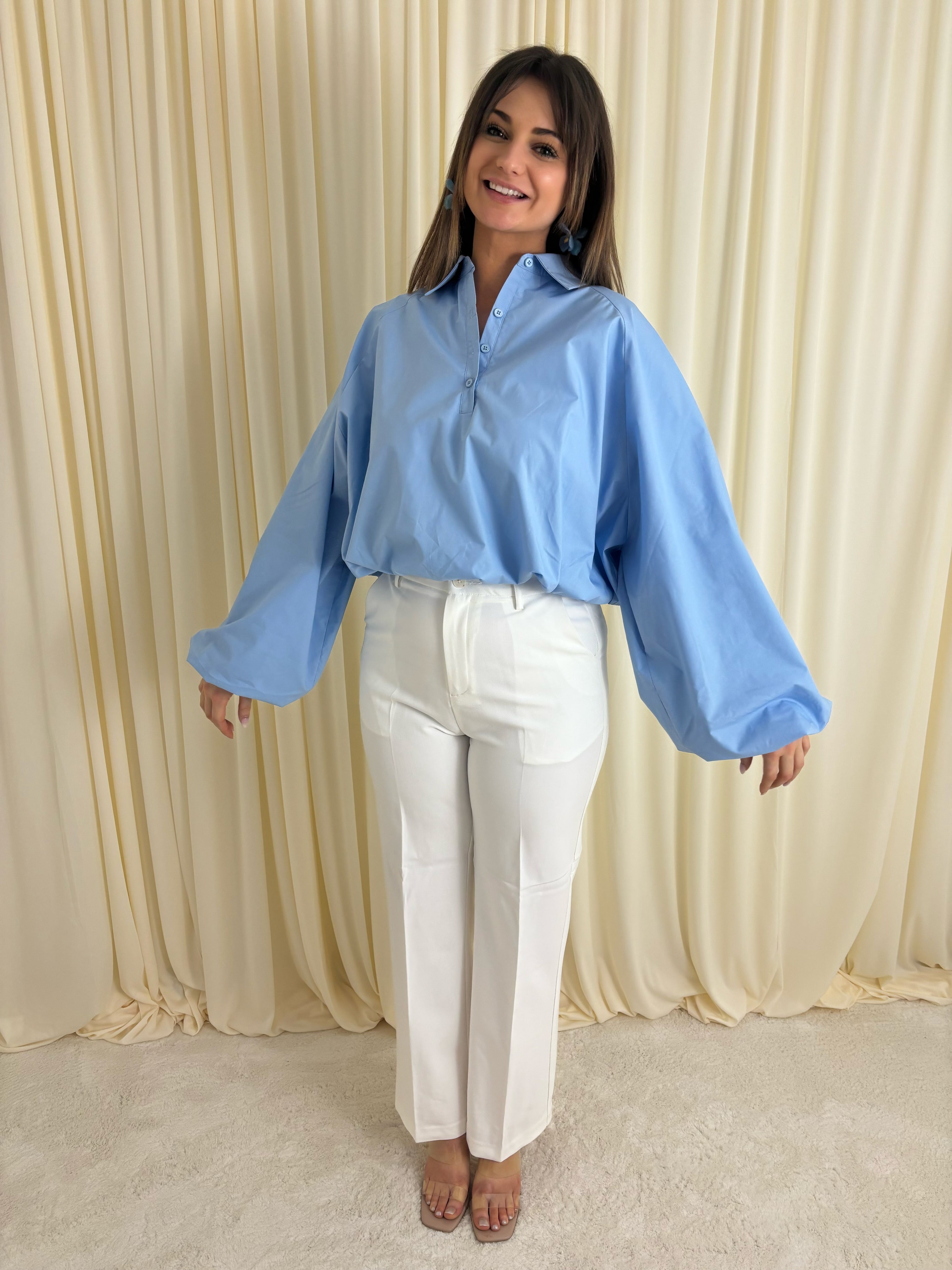 Blauwe gepofte blouse